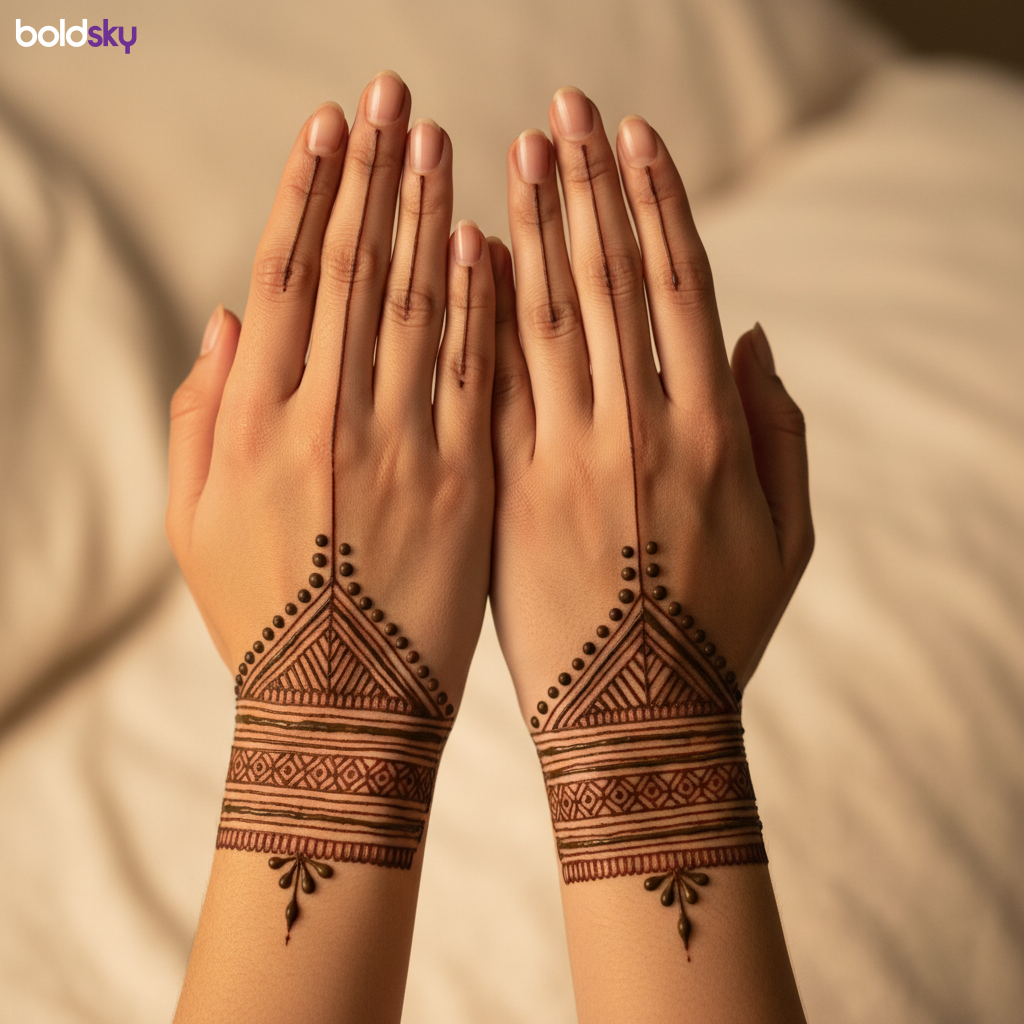 Back of hands with geometric mehndi bands.