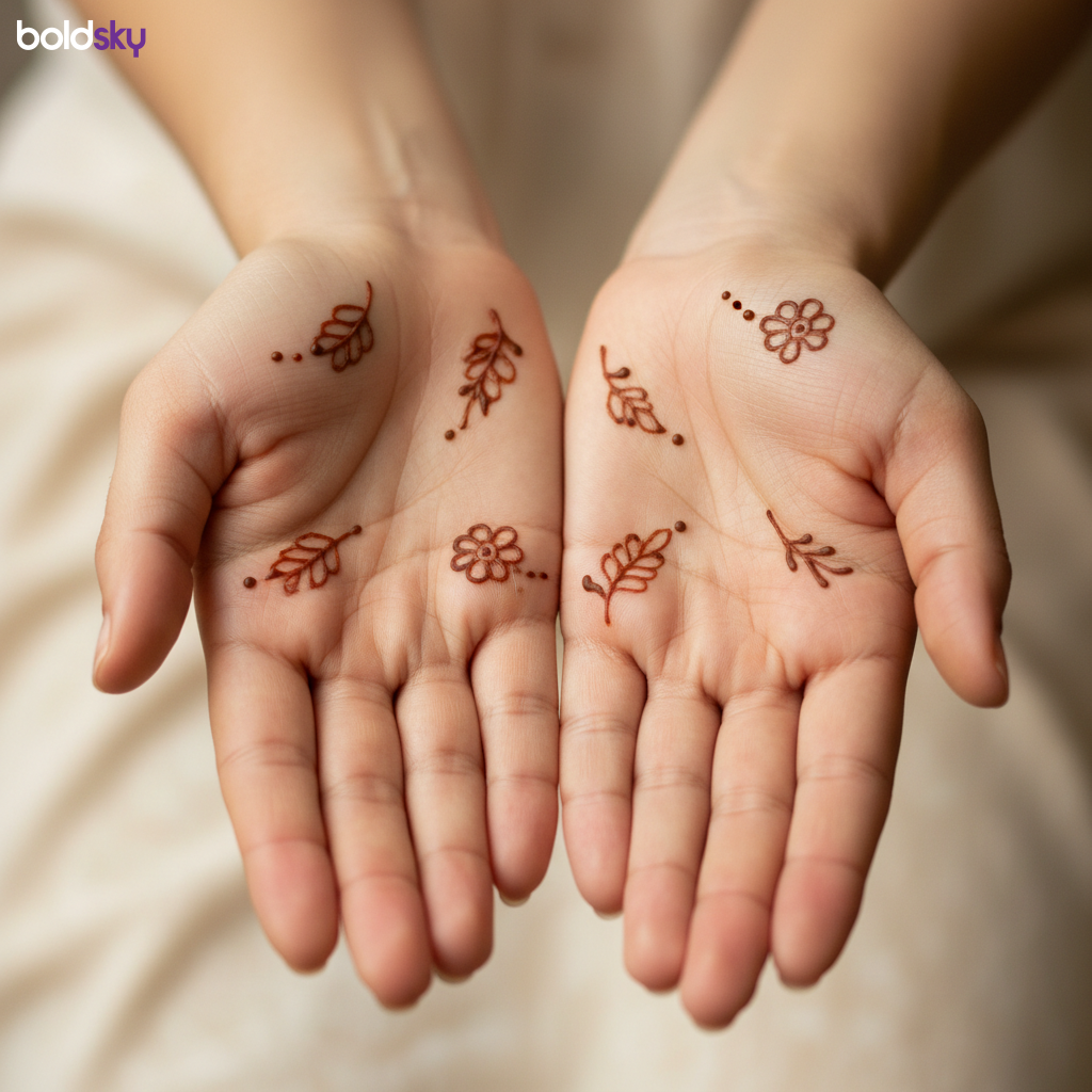 Palms with minimalist floral sprig mehndi.