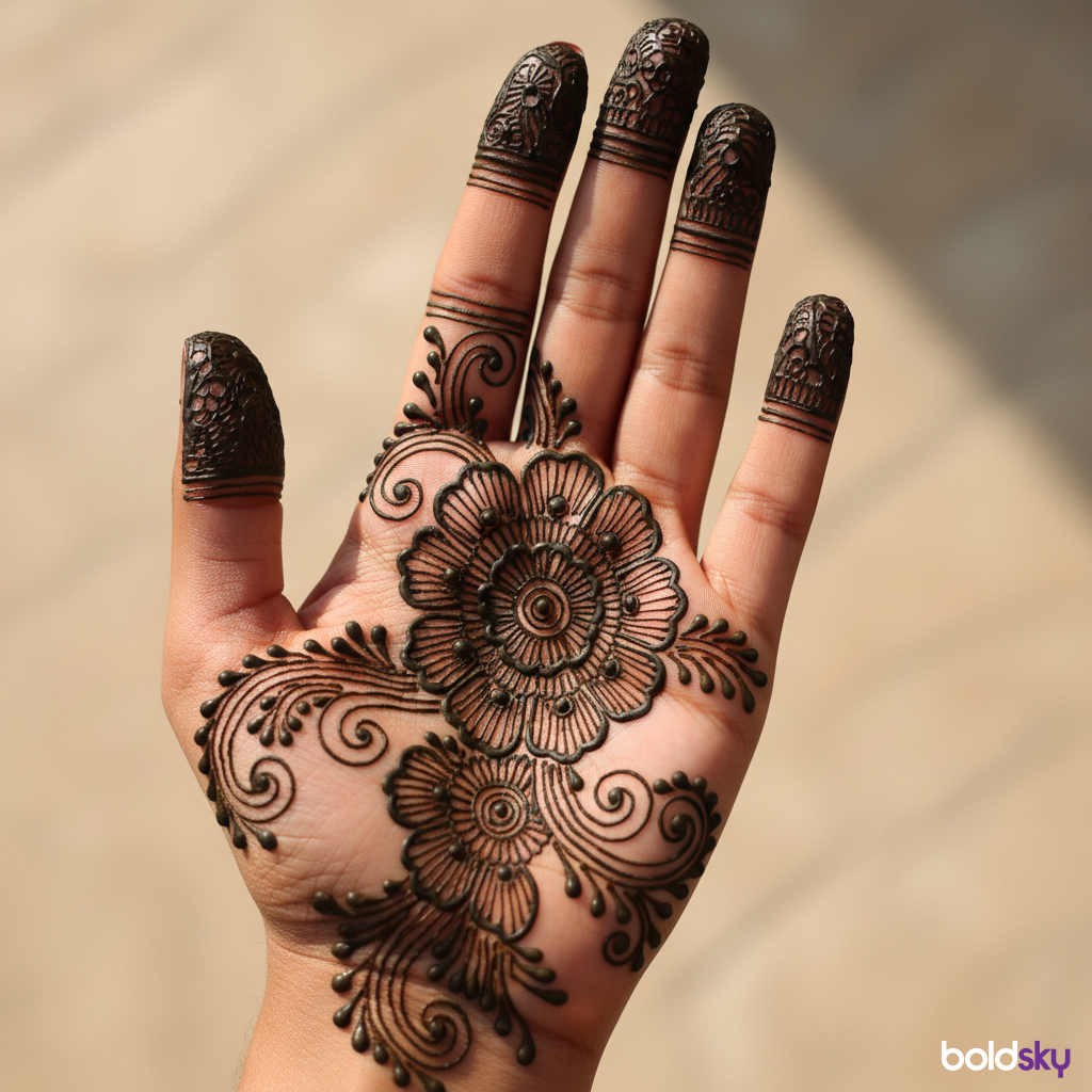 Left palm traditional floral paisley mehndi