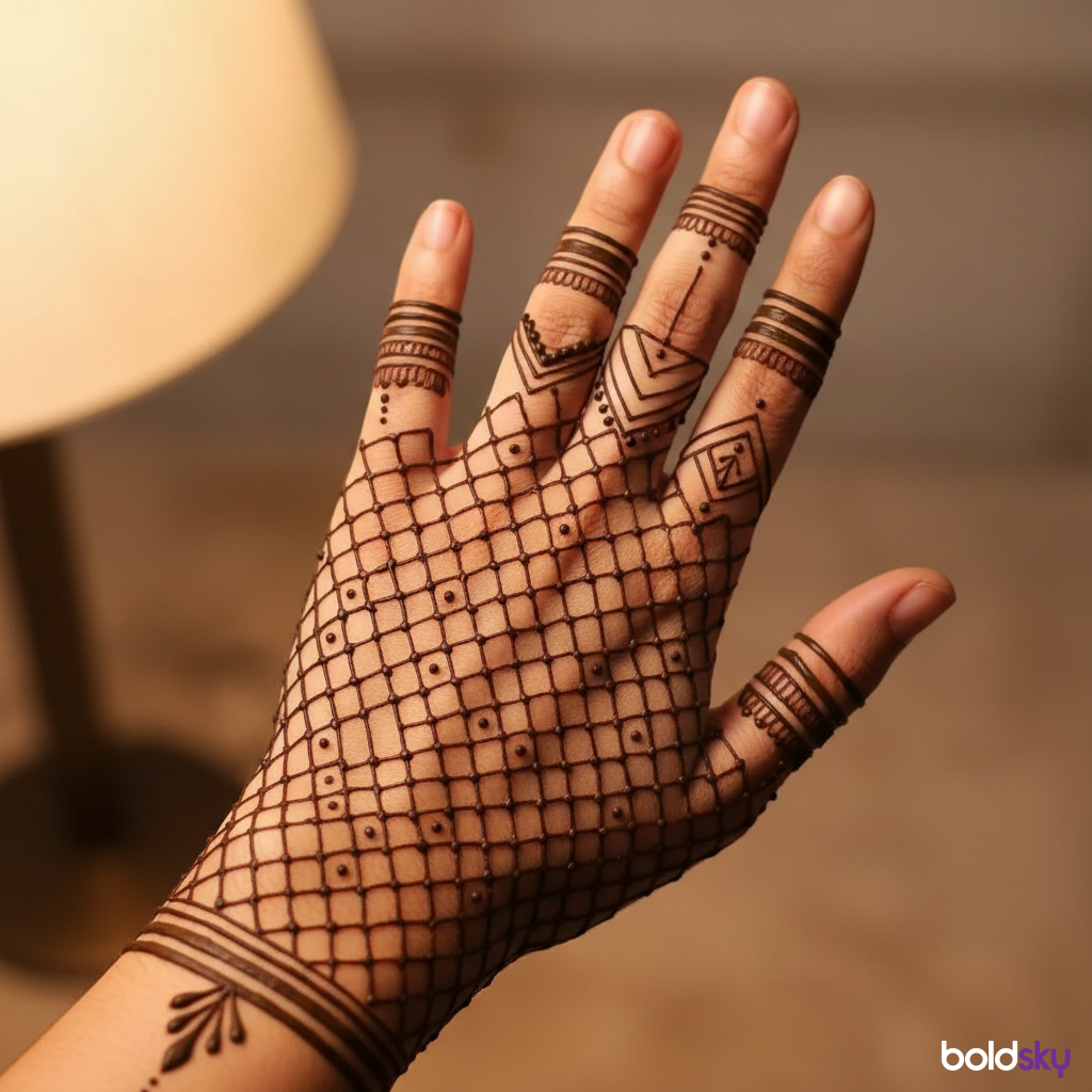Left back hand geometric jaali mehndi