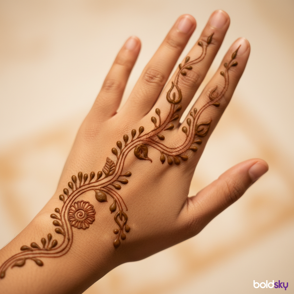 Left back hand delicate vine leafy mehndi
