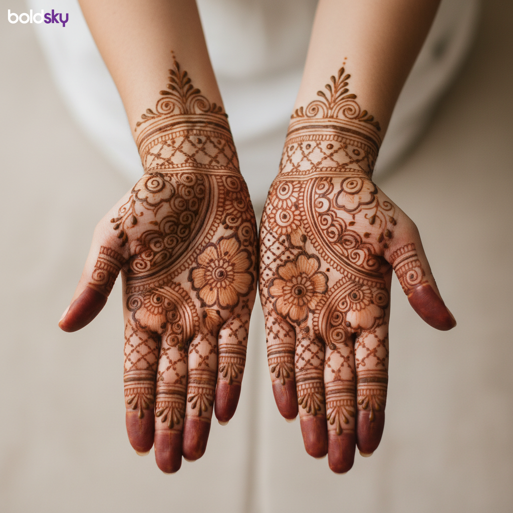 close-up of both palms with delicate mehndi