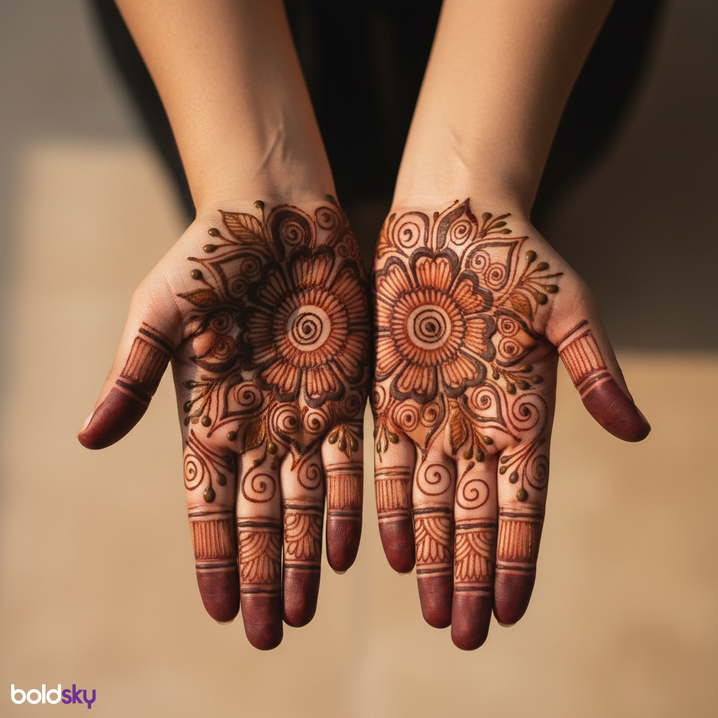 Both palms traditional floral mandala mehndi.