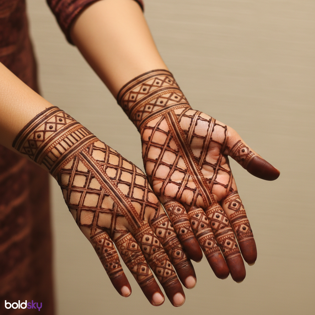 Back hands contemporary geometric jaali mehndi.