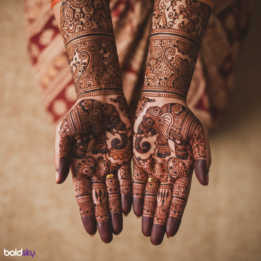 Both palms heavy bridal elephant mehndi.