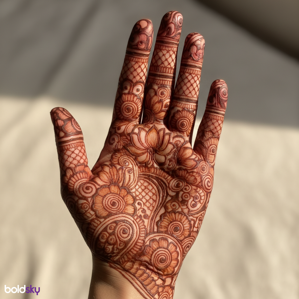 Left hand palm intricate traditional floral mehndi