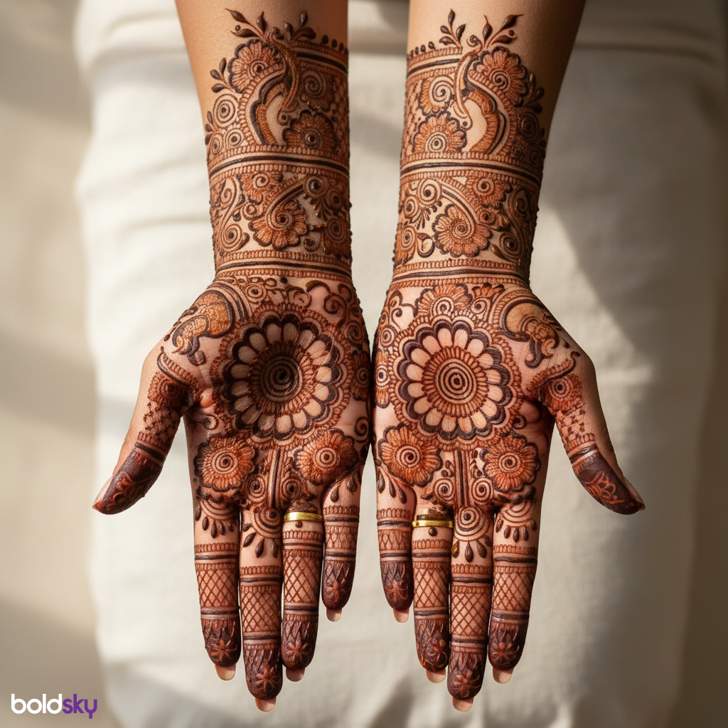 Both palms symmetrical bridal mehndi design