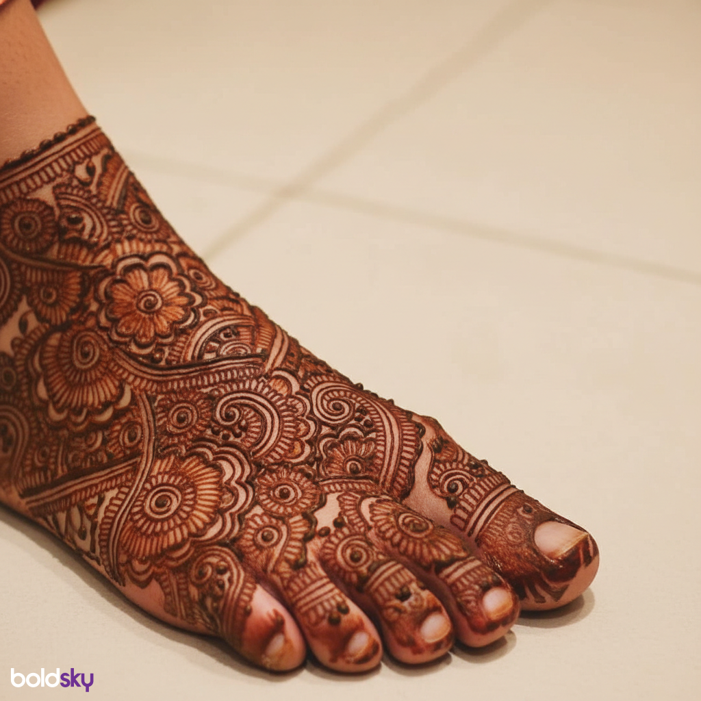 Right foot traditional intricate mehndi design