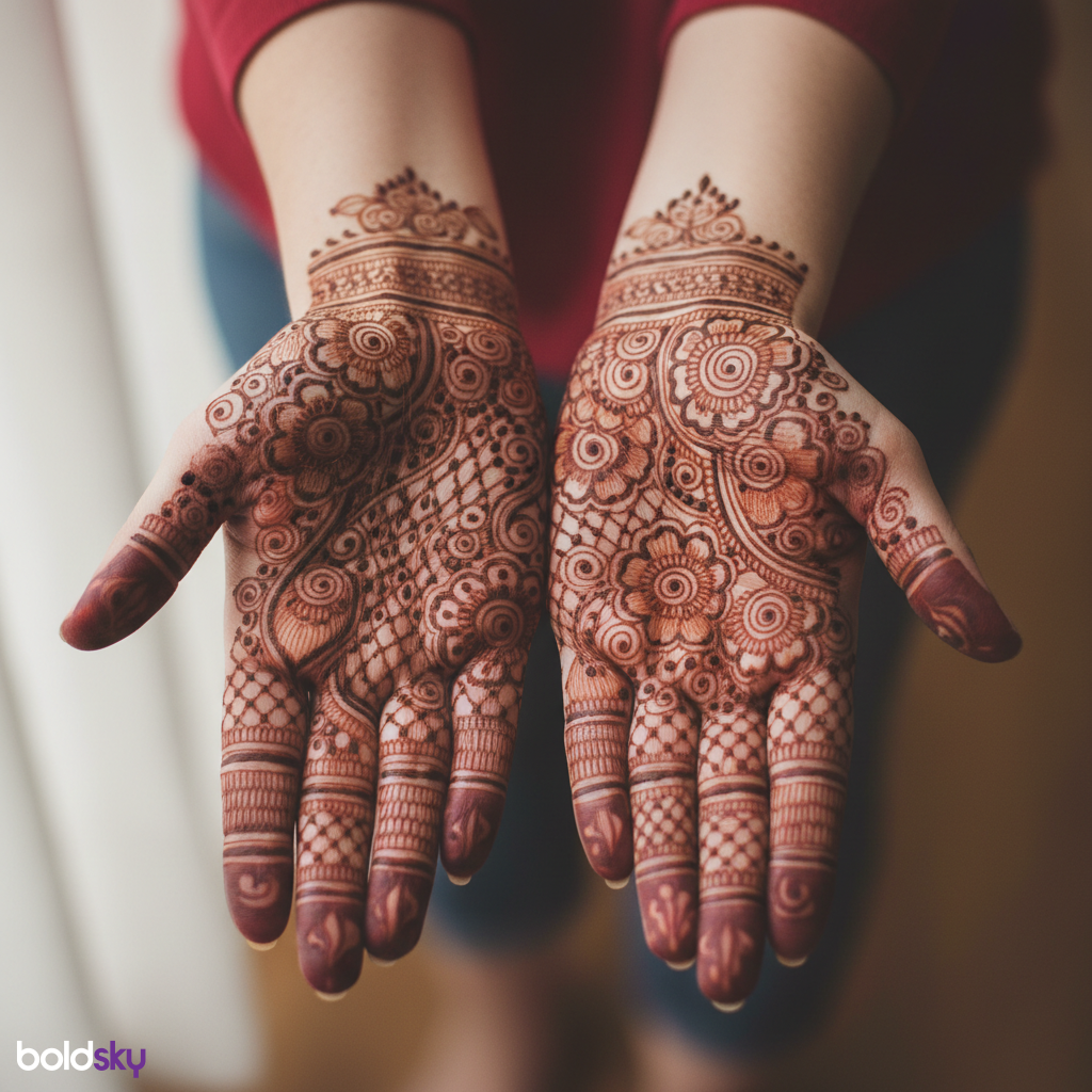 Intricate traditional mehndi on both palms.