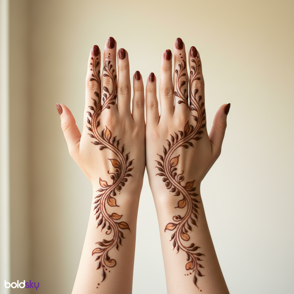 Elegant vine mehndi on back of hands.