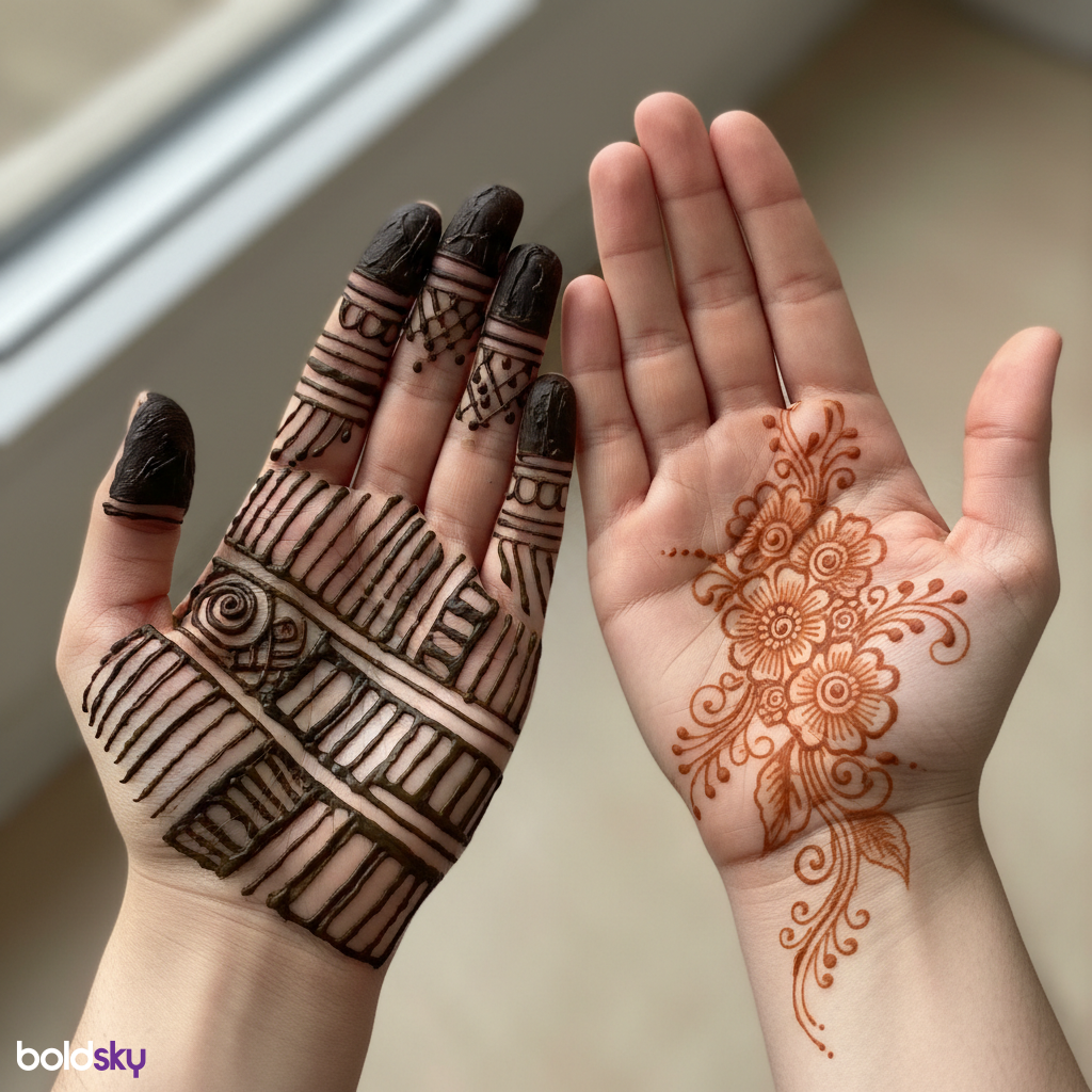Contrasting mehndi on both palm.
