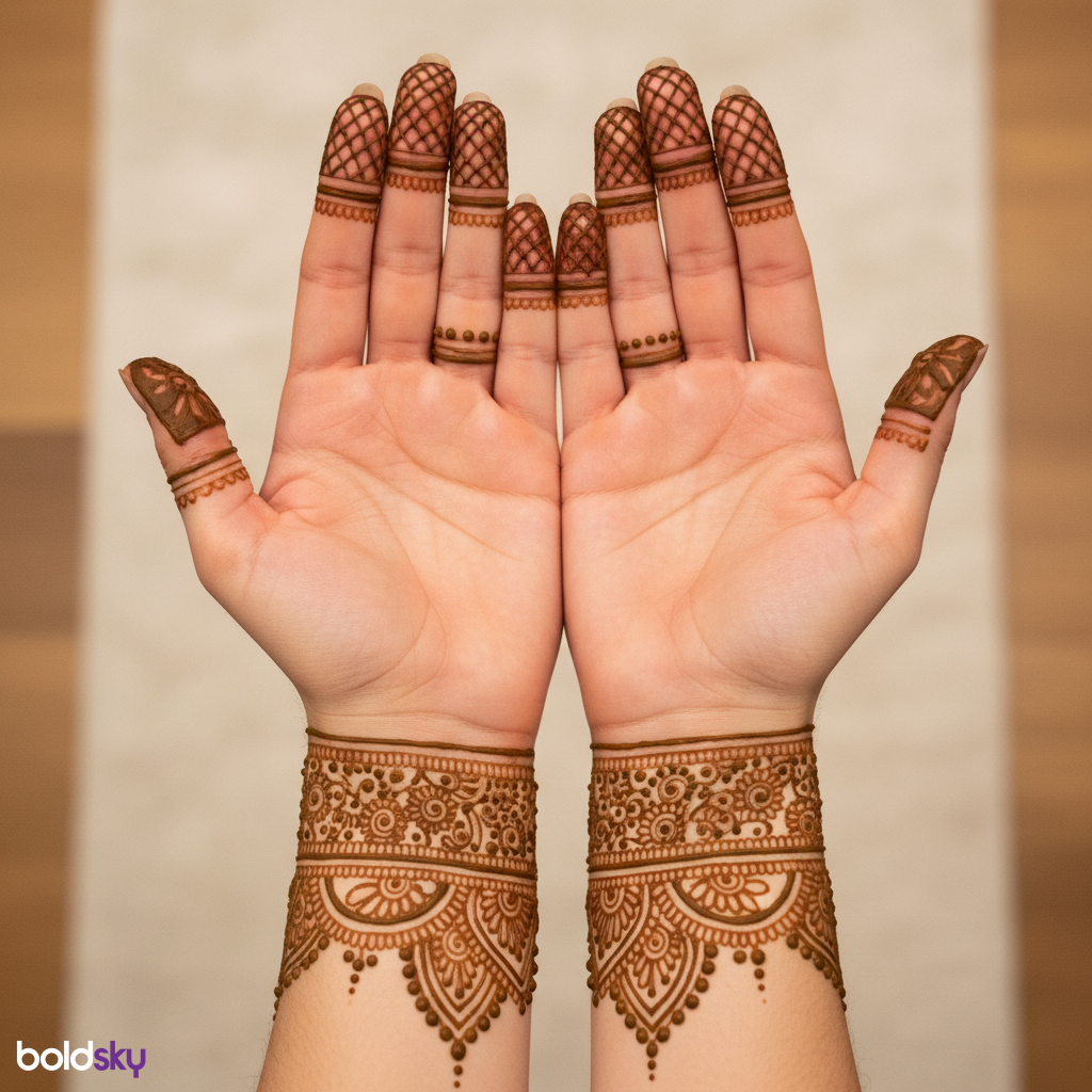 Mehndi focused on fingertips and wrists.