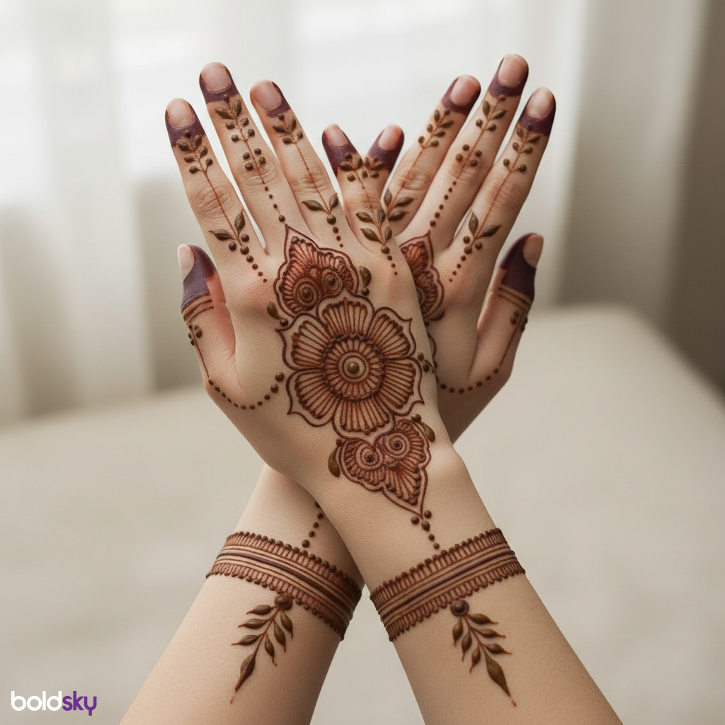 Symmetrical floral mehndi on back hands.