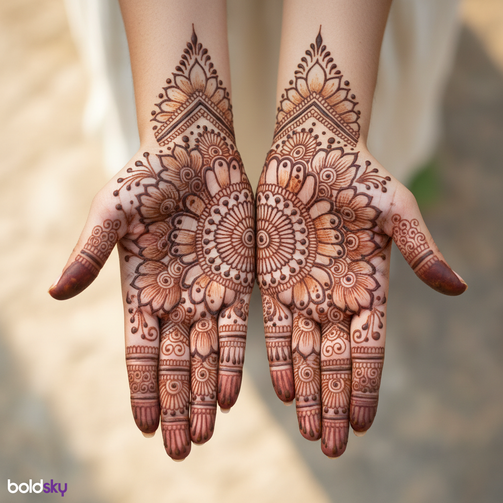 Symmetrical floral mandala mehndi on both palms.