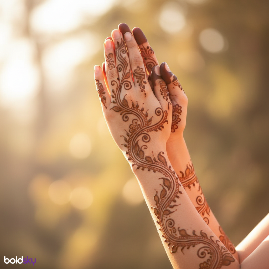 Connecting vine mehndi on both hands.