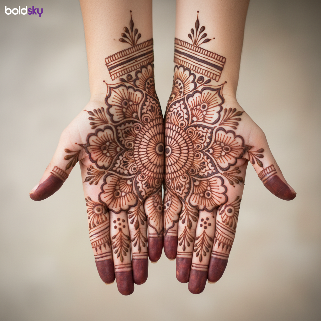 Symmetrical floral mandala mehndi on both palms.
