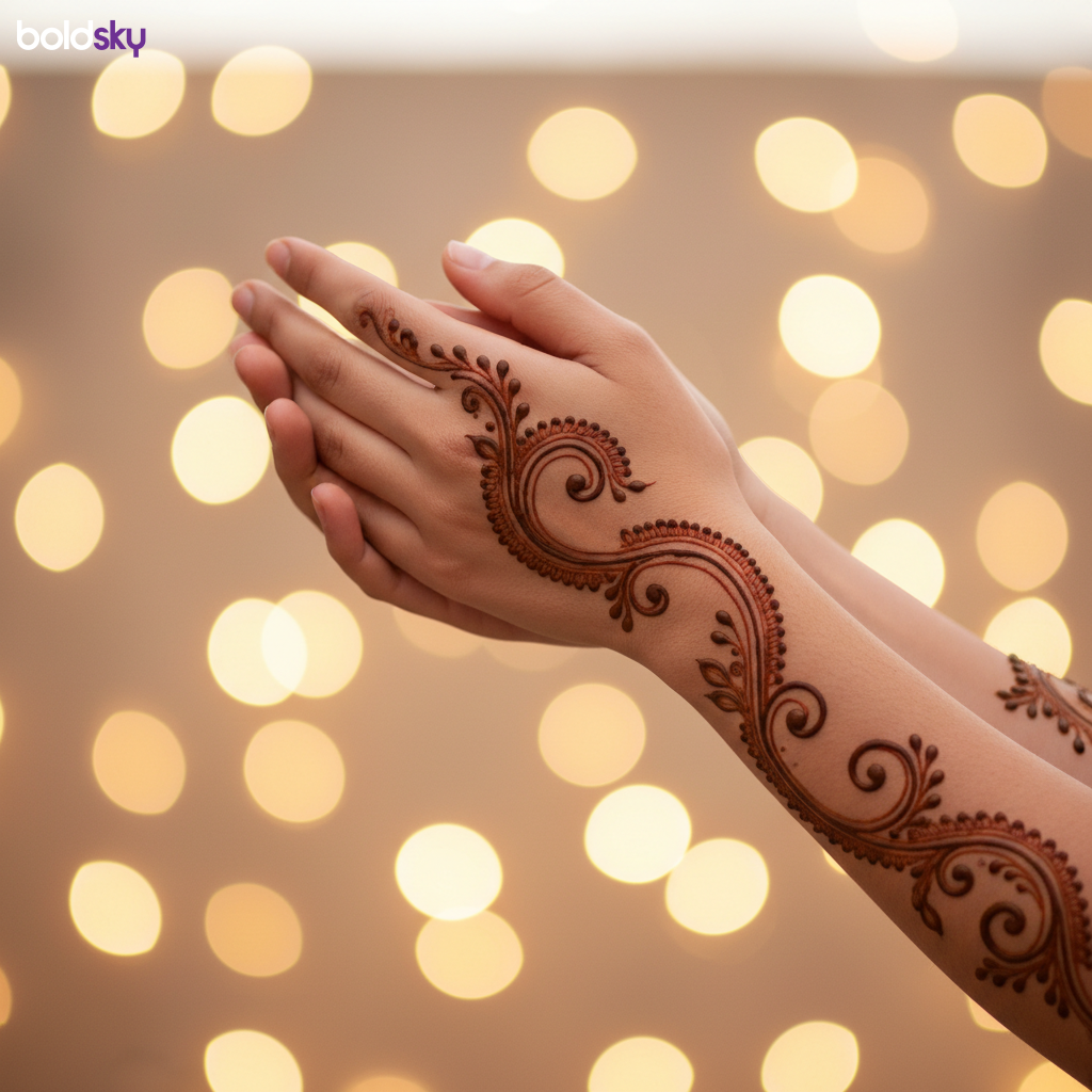 Connecting vine mehndi on both hands.