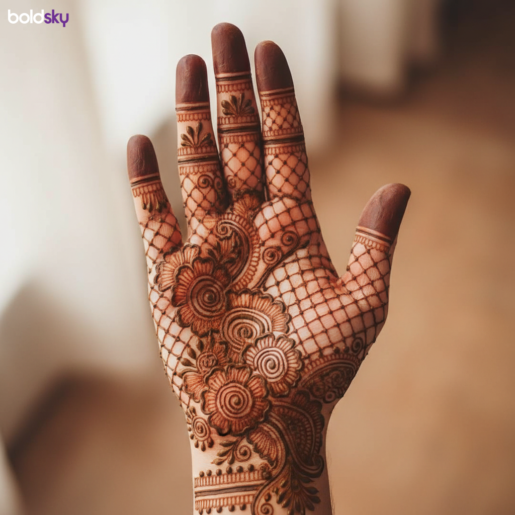 Right palm traditional floral paisley mehndi