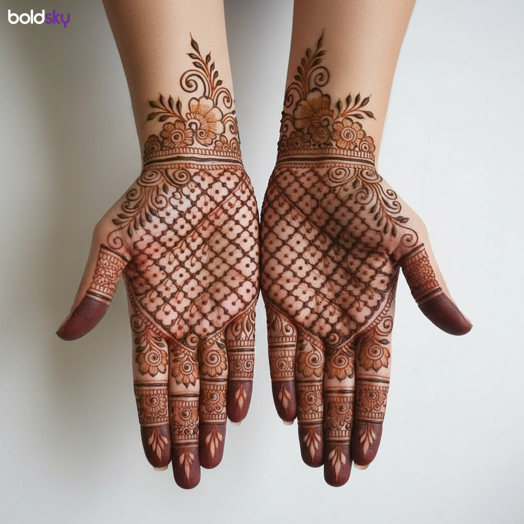 Both palms intricate jaali vine mehndi