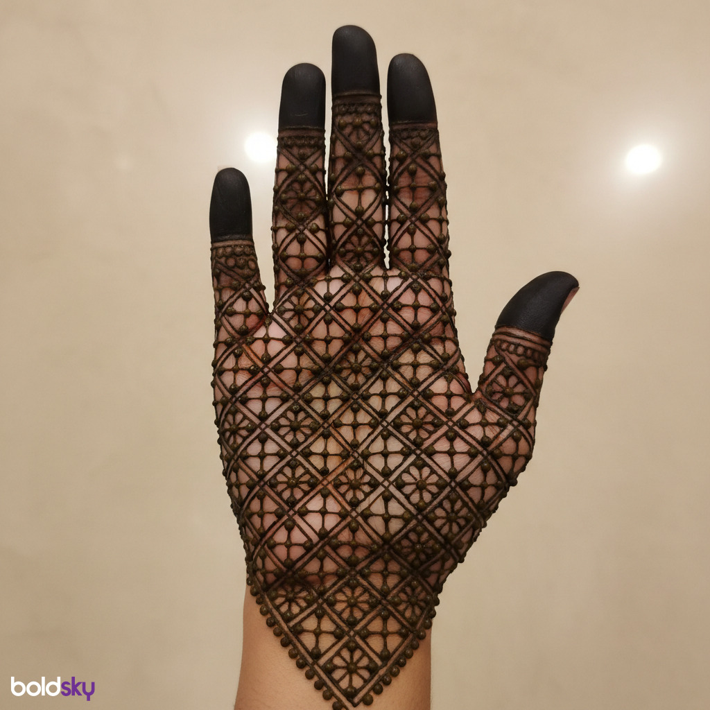 Back of right hand intricate jaali mehndi.