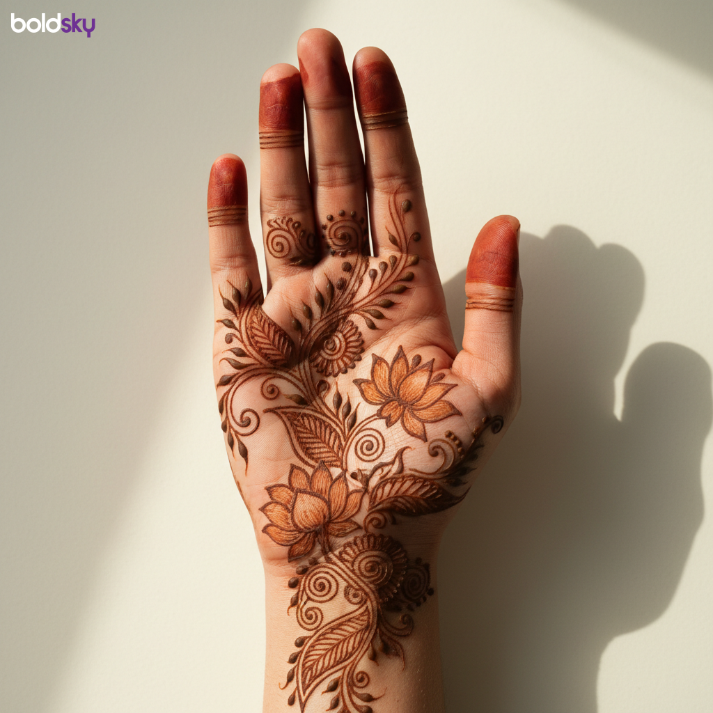 Right hand floral vine mehndi design.