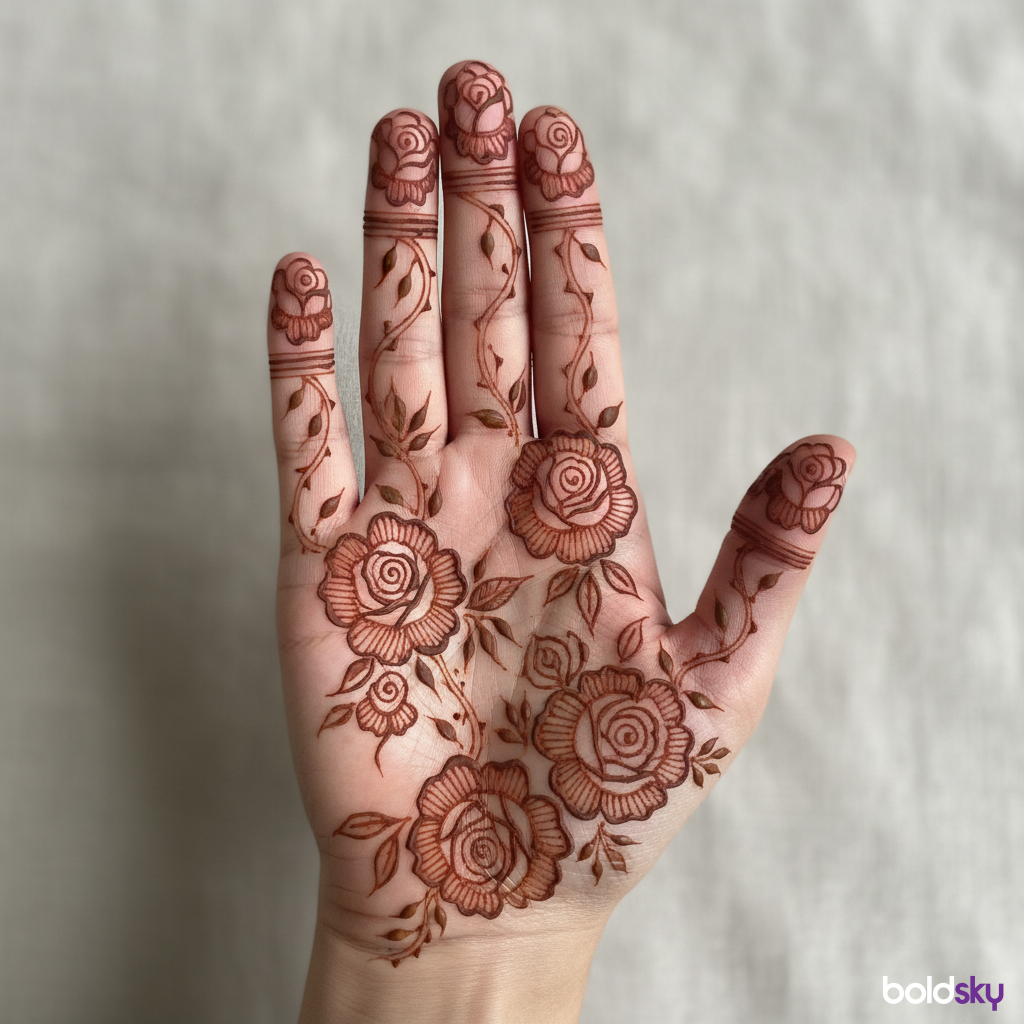 Right hand palm rose mehndi design.