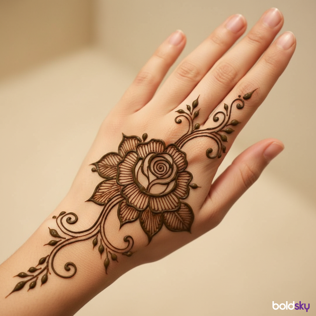 Back left hand rose mehndi pattern.