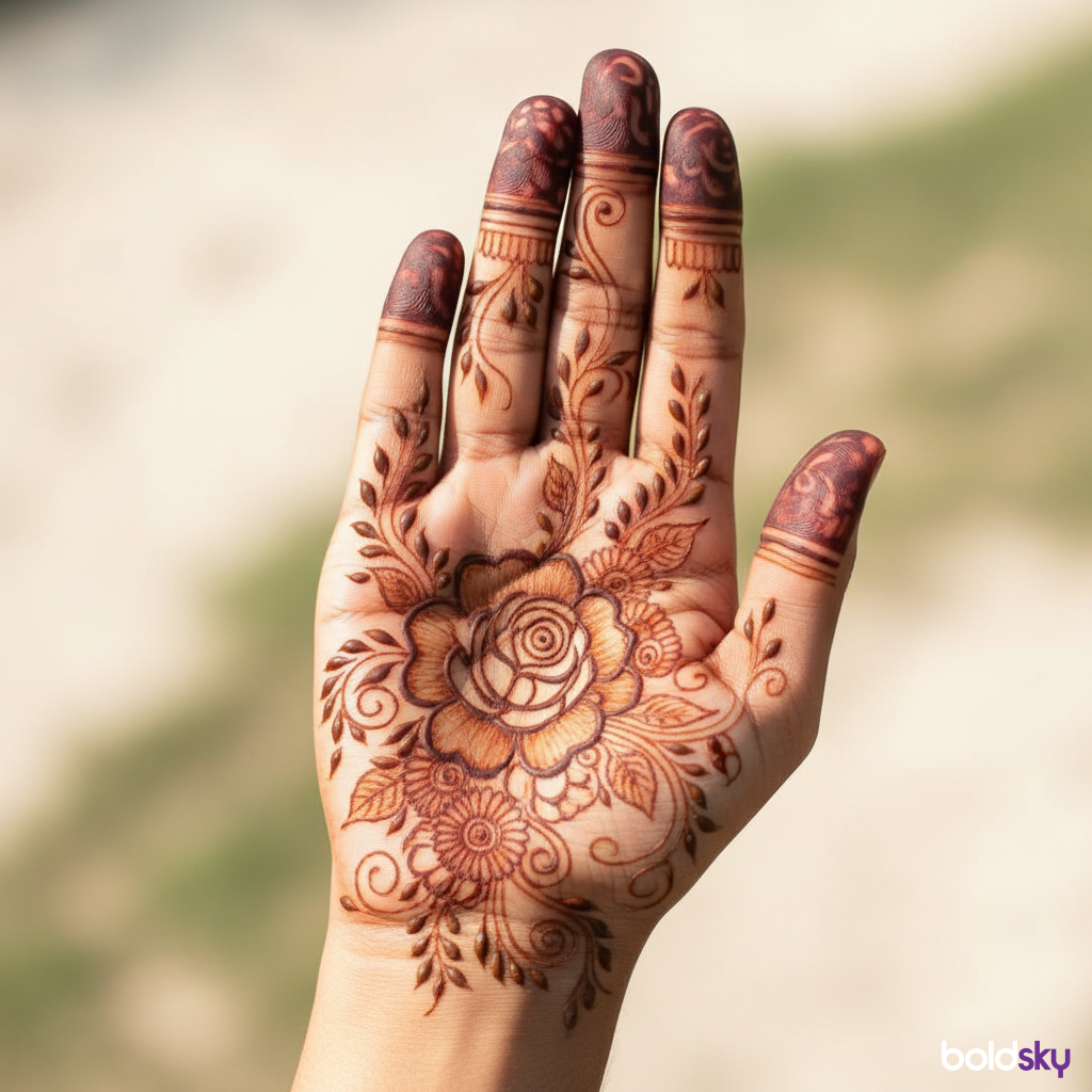 Right hand palm intricate rose mehndi.