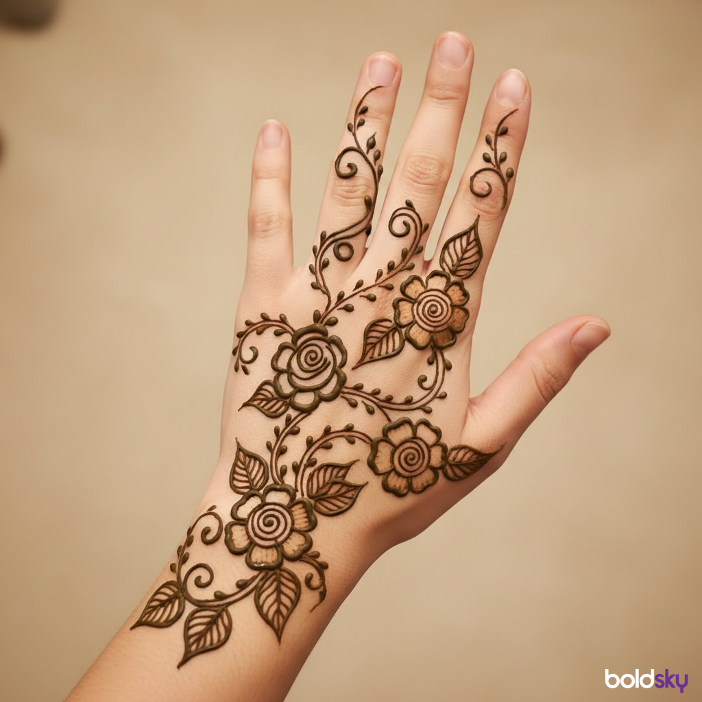 Back left hand rose vine mehndi.