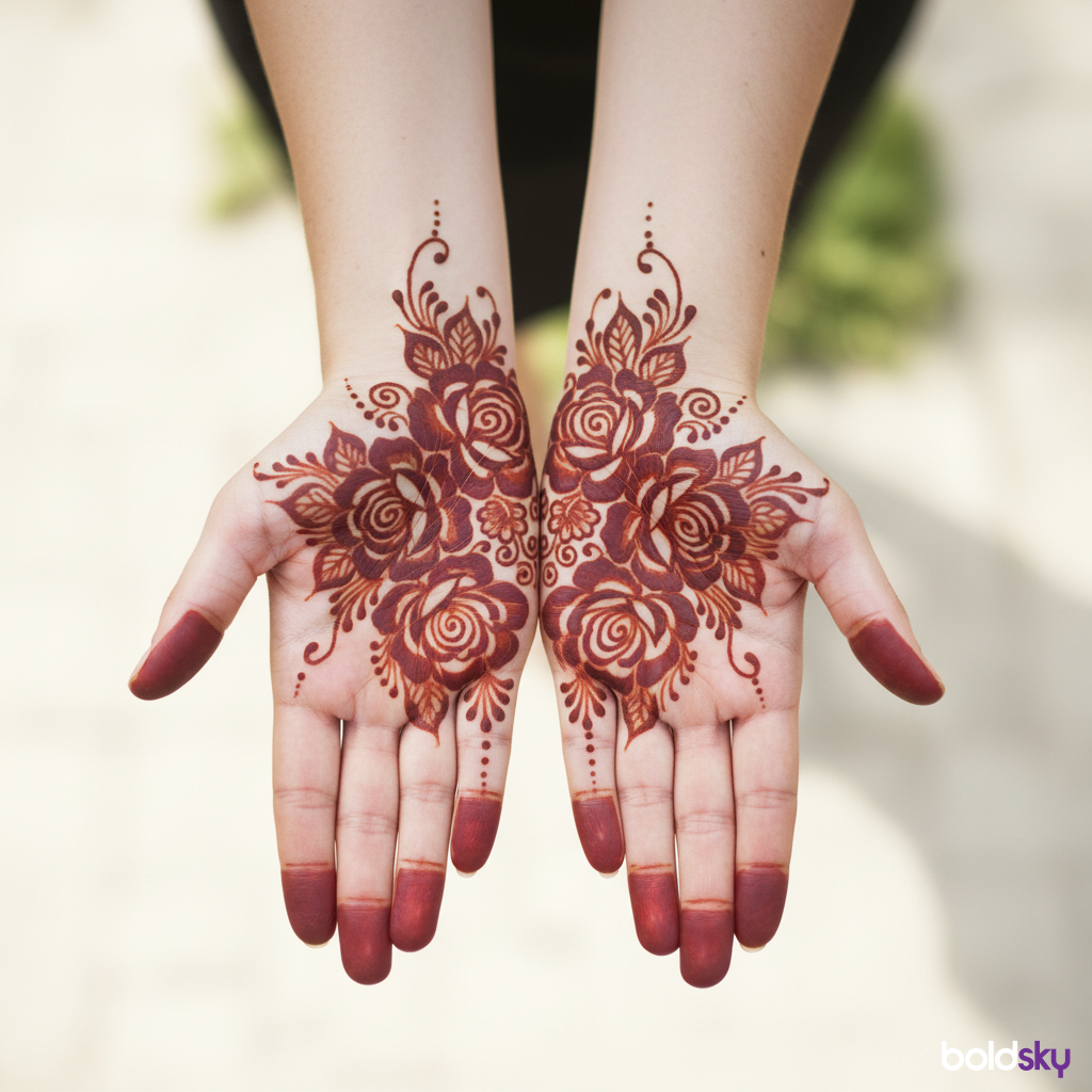 Both palms matching rose mehndi.