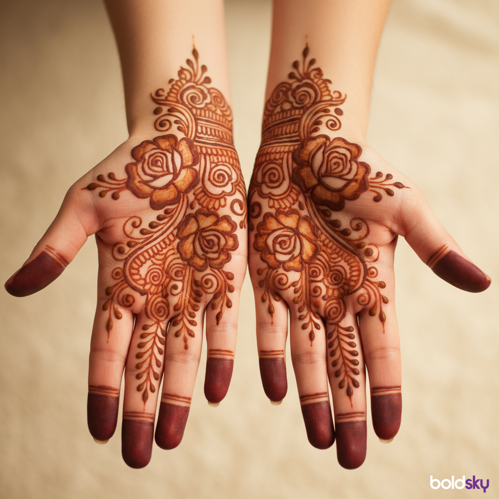 Both hands palm symmetrical rose mehndi.