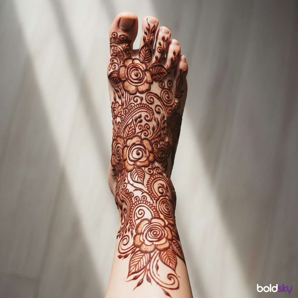 Right foot elaborate rose mehndi.