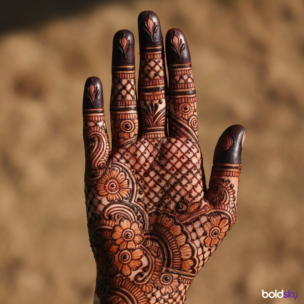 Right hand royal finger mehndi close-up