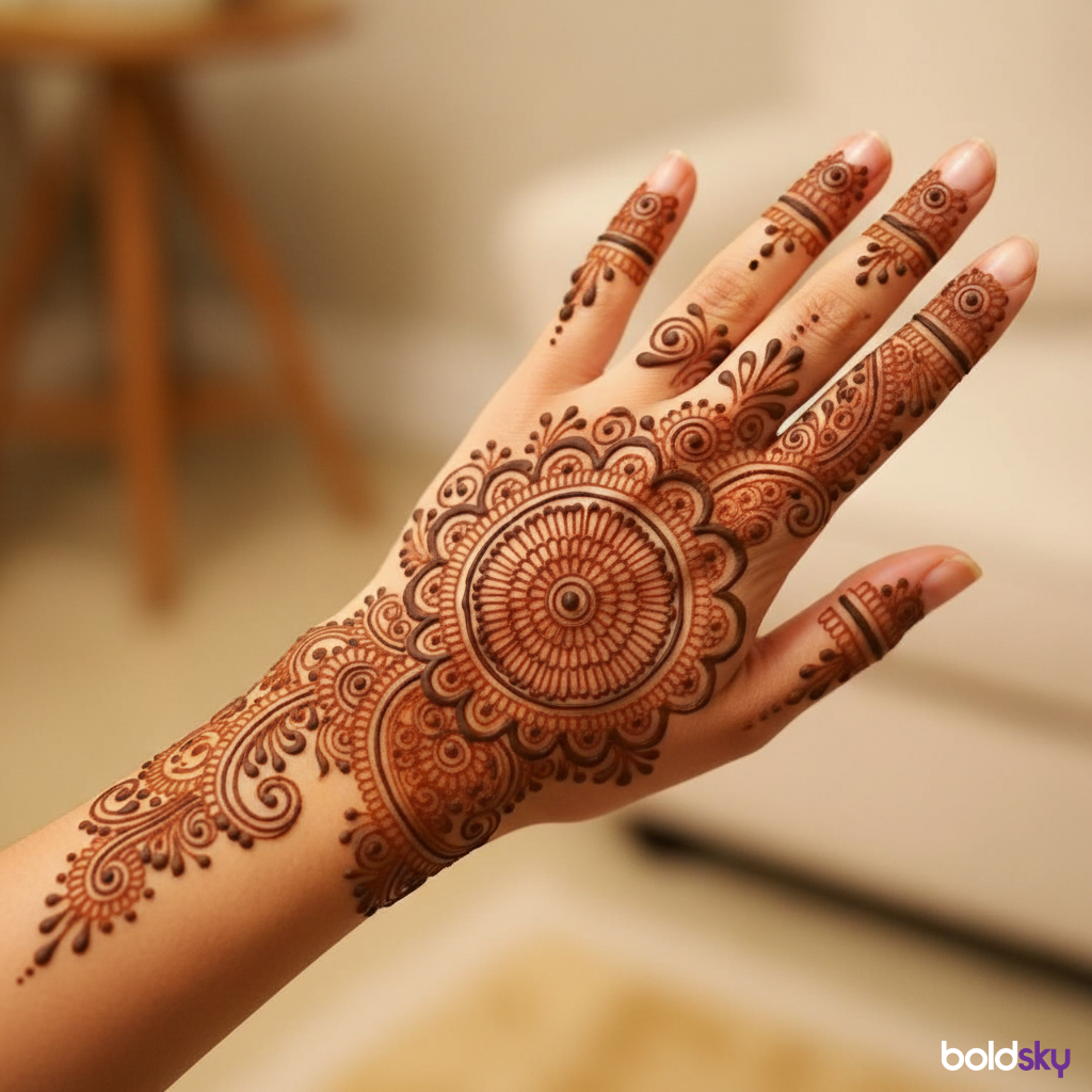 Back left hand royal finger mehndi