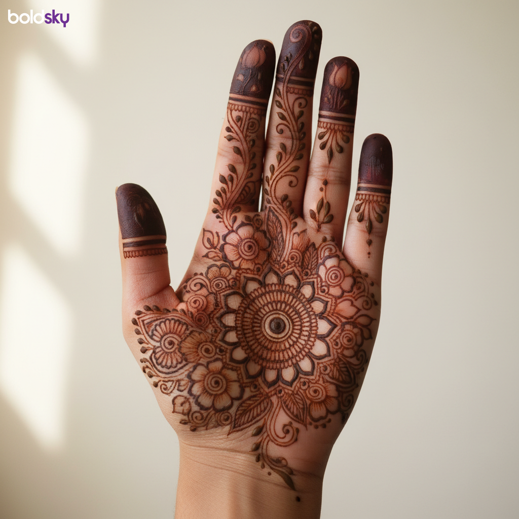 Close-up left palm royal mandala mehndi