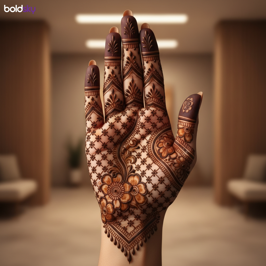 Right palm royal jaali floral mehndi