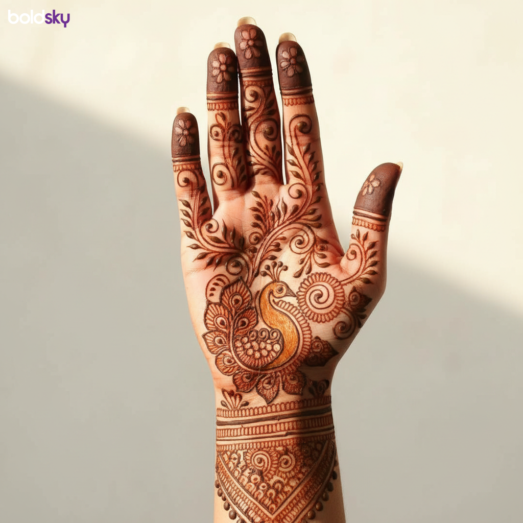 Right palm royal peacock mehndi design