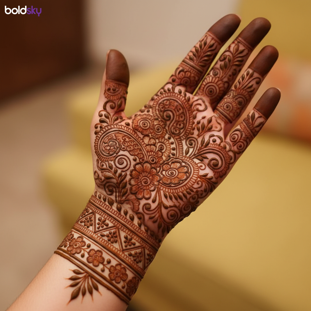 Left palm royal geometric floral mehndi