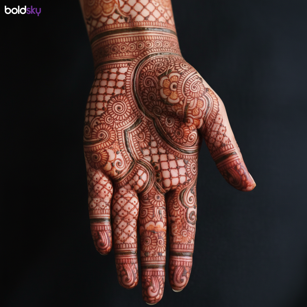 Left palm royal bridal mehndi close-up
