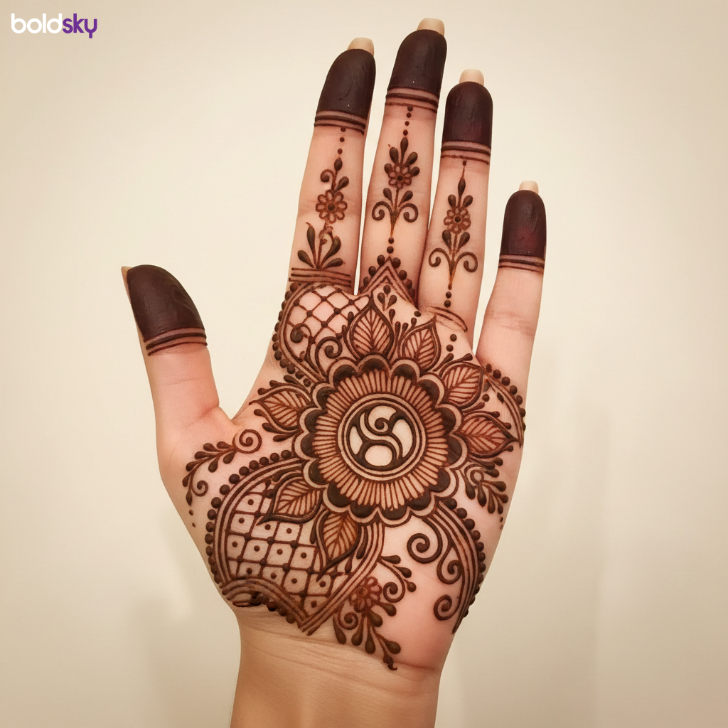 Left palm royal mehndi negative space