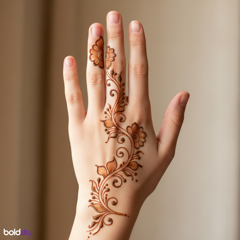 Back left hand delicate floral mehndi design.
