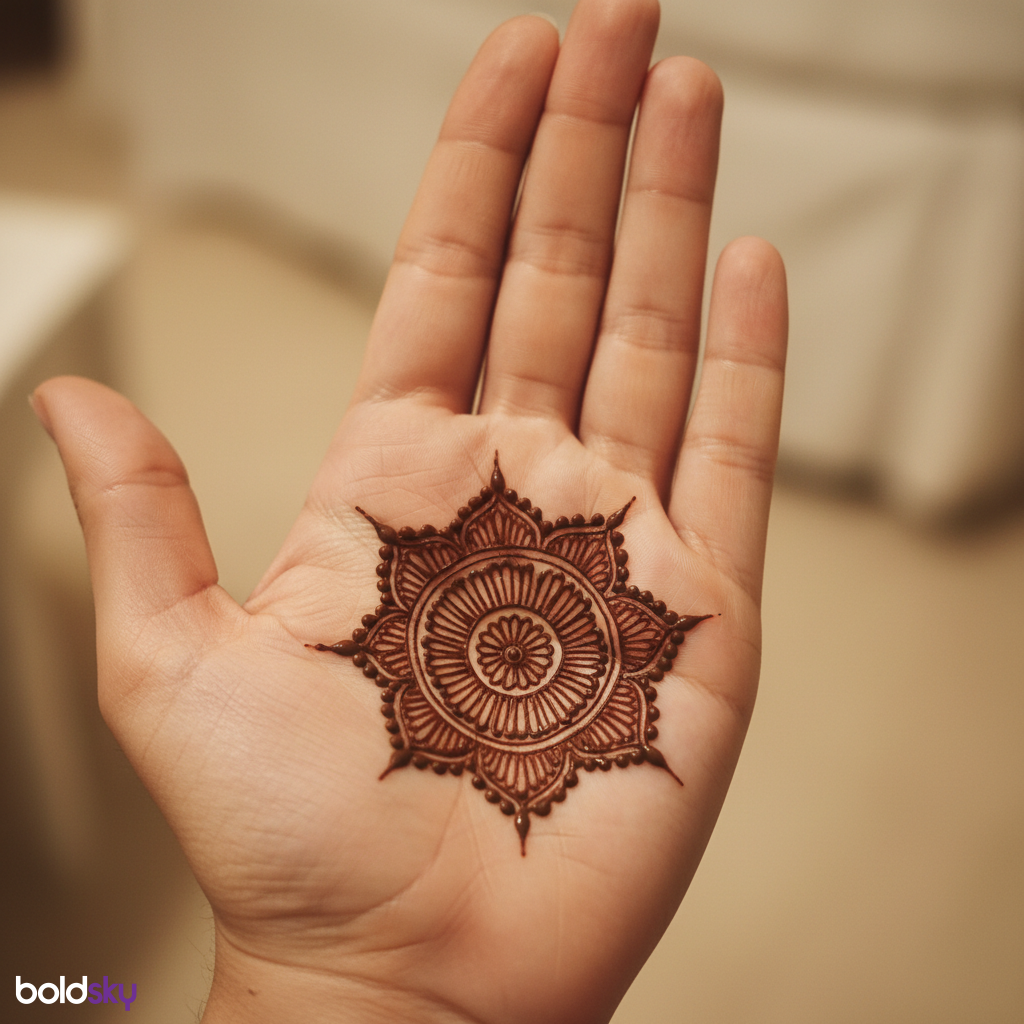 Left palm small circular mandala mehndi.