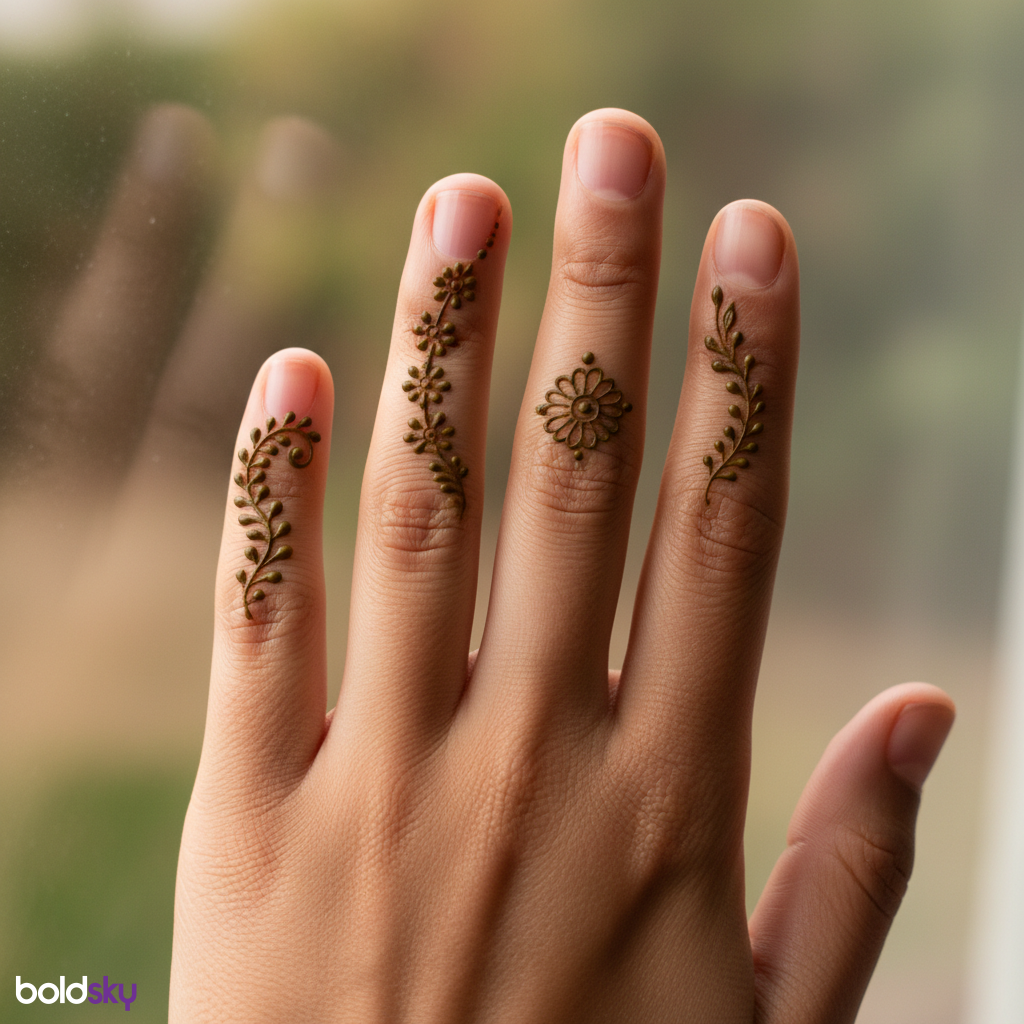 Left hand fingers delicate mehndi patterns.