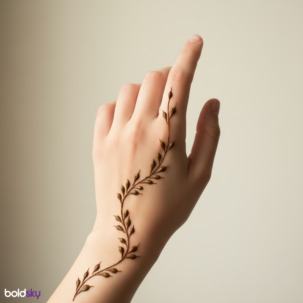 Back left hand minimalist vine mehndi.
