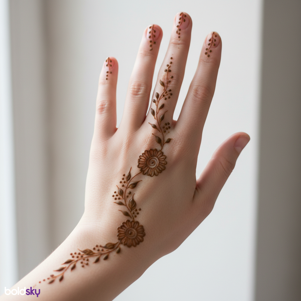 Back left hand floral vine mehndi.