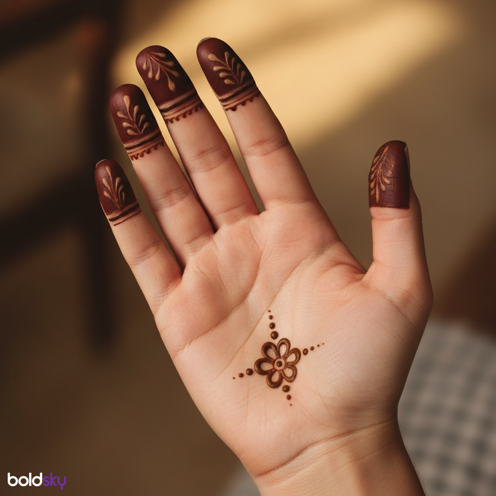 Right palm fingertips small floral mehndi.