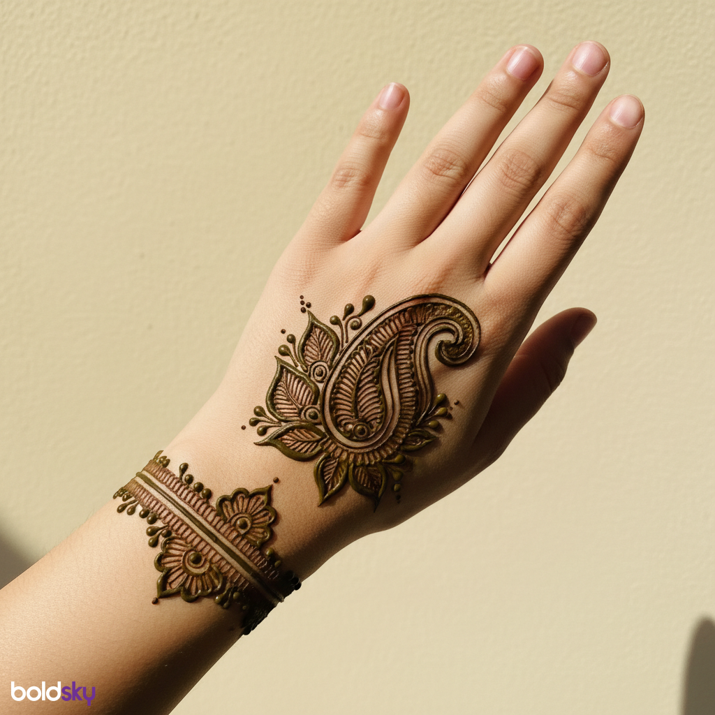 Back left hand wrist band paisley mehndi.