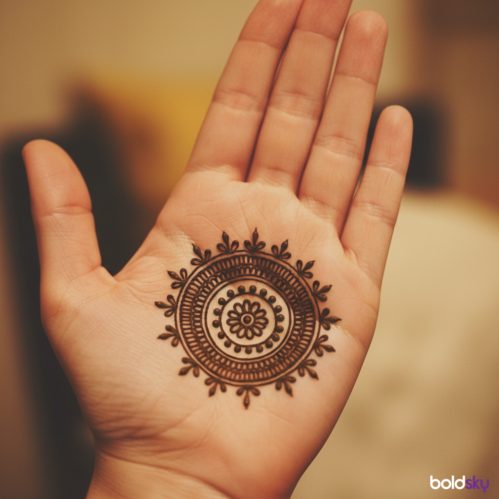 Palm of left hand small mandala mehndi.