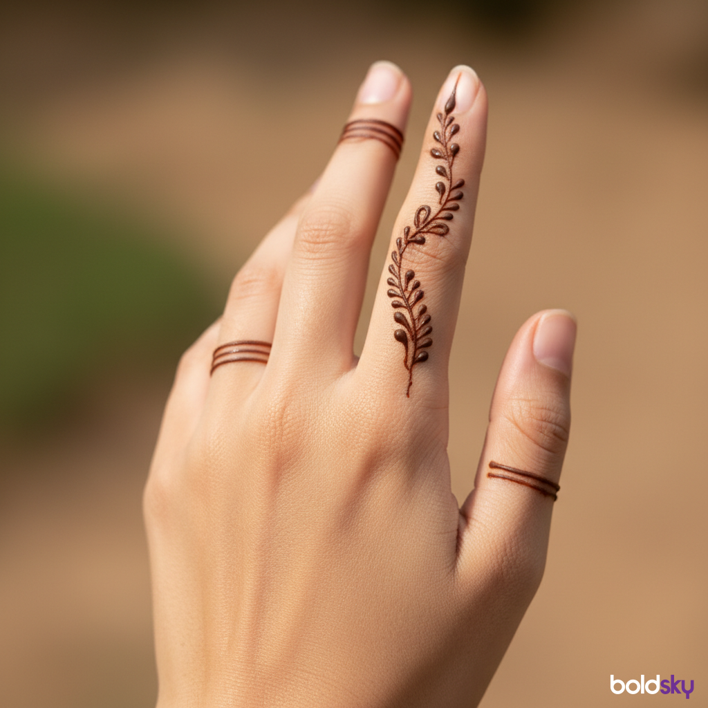 Left hand fingers delicate vine mehndi.