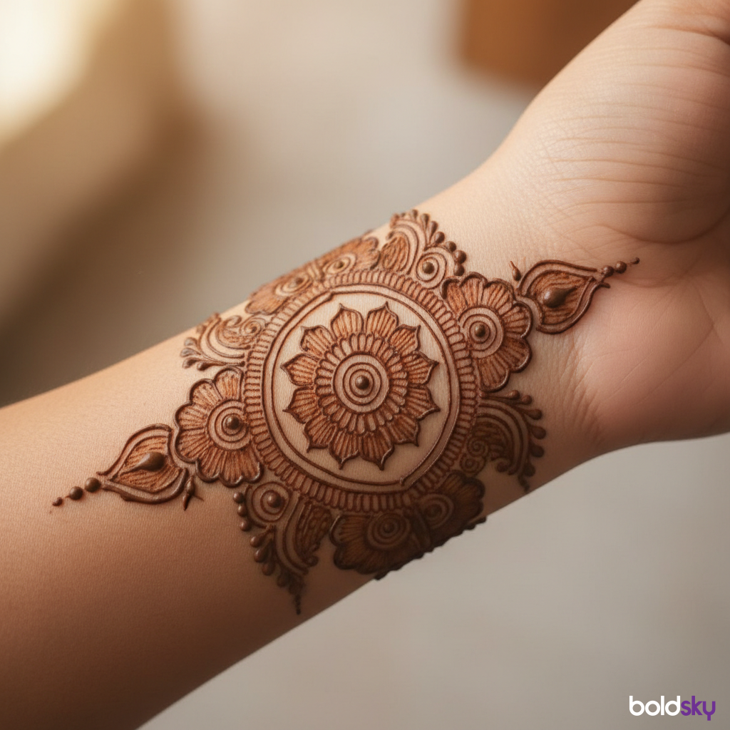 Left wrist floral mehndi bracelet.
